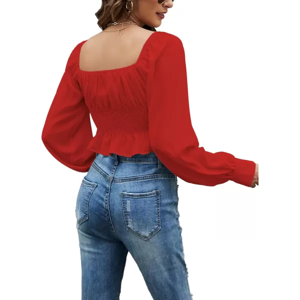 LYANER Women's Tie Knot V Neck Ruffle Trim Long Sleeve Shirred Crop Blouse Shirt Top