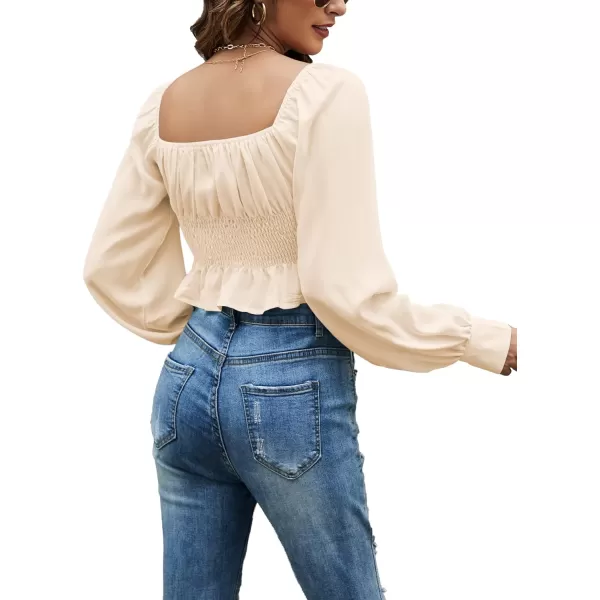 LYANER Women's Tie Knot V Neck Ruffle Trim Long Sleeve Shirred Crop Blouse Shirt Top