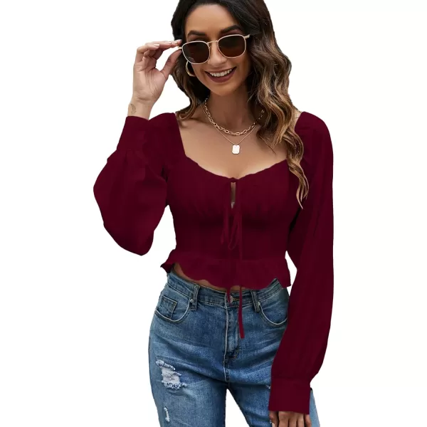 LYANER Women's Tie Knot V Neck Ruffle Trim Long Sleeve Shirred Crop Blouse Shirt Top