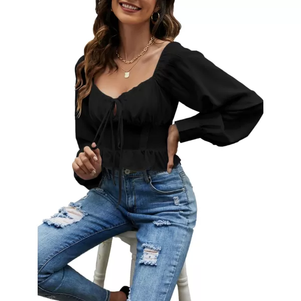 LYANER Women's Tie Knot V Neck Ruffle Trim Long Sleeve Shirred Crop Blouse Shirt Top