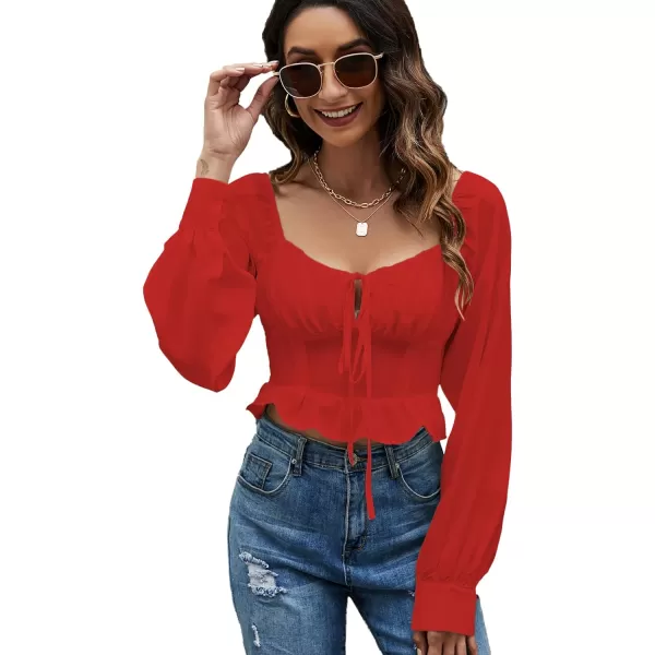 LYANER Women's Tie Knot V Neck Ruffle Trim Long Sleeve Shirred Crop Blouse Shirt Top