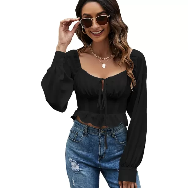 LYANER Women's Tie Knot V Neck Ruffle Trim Long Sleeve Shirred Crop Blouse Shirt Top