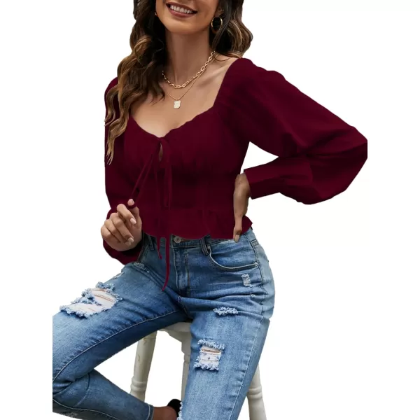 LYANER Women's Tie Knot V Neck Ruffle Trim Long Sleeve Shirred Crop Blouse Shirt Top