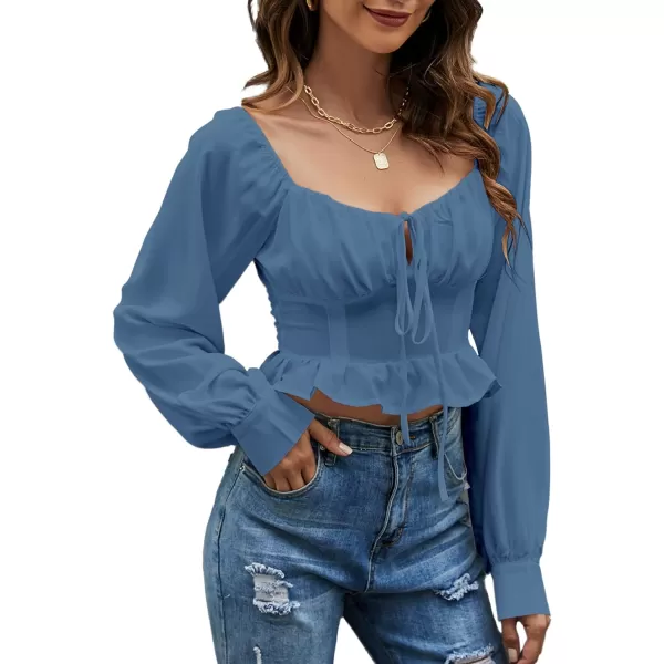 LYANER Women's Tie Knot V Neck Ruffle Trim Long Sleeve Shirred Crop Blouse Shirt Top