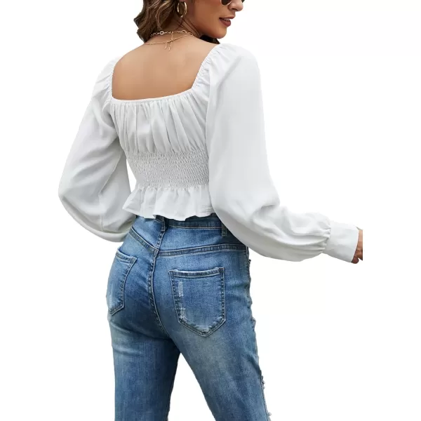 LYANER Women's Tie Knot V Neck Ruffle Trim Long Sleeve Shirred Crop Blouse Shirt Top