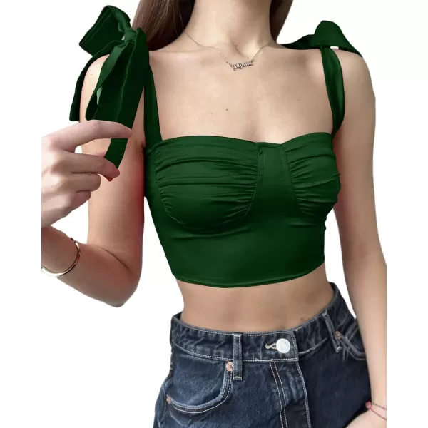 LYANER Women's Tie Shoulder Strap Ruched Square Neck Sleeveless Cami Crop Top