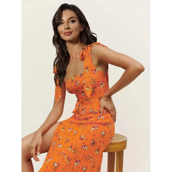 LYANER Women's Tie Shoulder Strap Square Neck Sleeveless Tie Waist Side Split Slit Printed Midi Dress