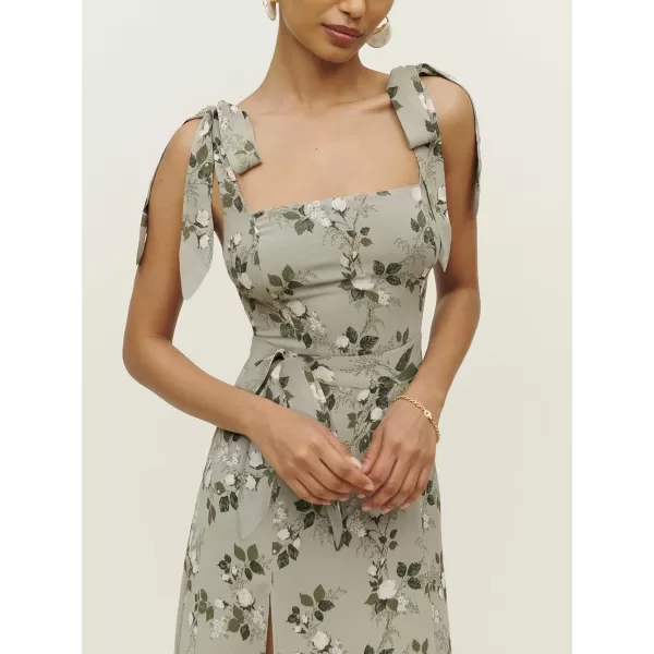 LYANER Women's Tie Shoulder Strap Square Neck Sleeveless Tie Waist Side Split Slit Printed Midi Dress