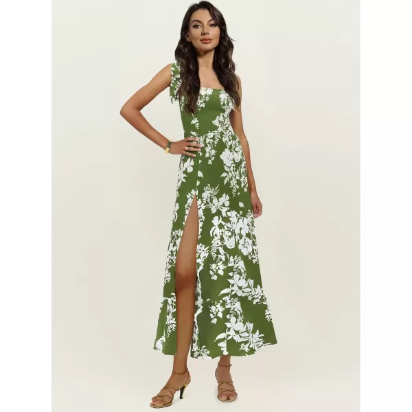 LYANER Women's Tie Shoulder Strap Square Neck Sleeveless Tie Waist Side Split Slit Printed Midi Dress