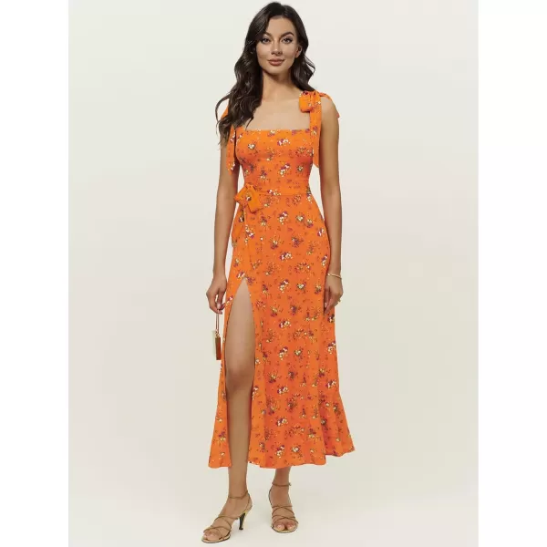 LYANER Women's Tie Shoulder Strap Square Neck Sleeveless Tie Waist Side Split Slit Printed Midi Dress