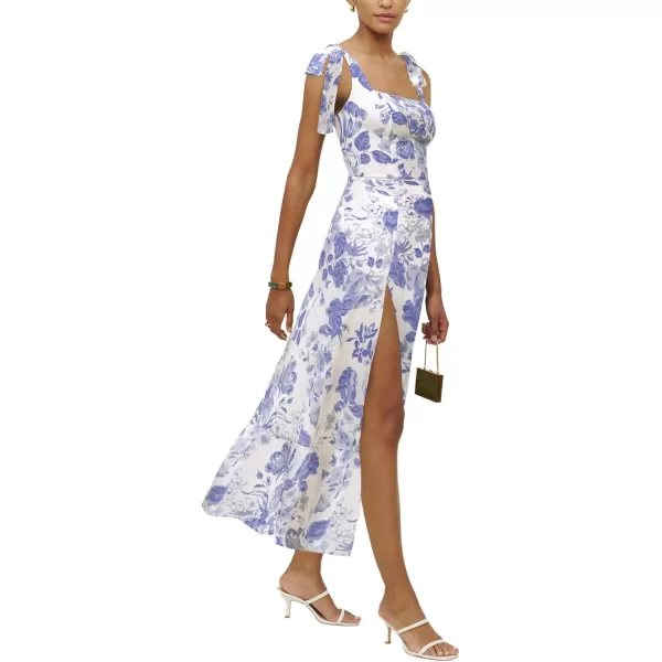 LYANER Women's Tie Shoulder Strap Square Neck Sleeveless Tie Waist Side Split Slit Printed Midi Dress