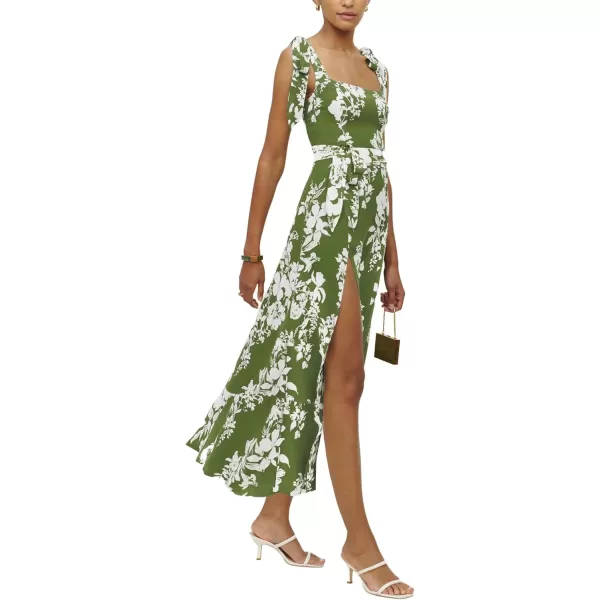LYANER Women's Tie Shoulder Strap Square Neck Sleeveless Tie Waist Side Split Slit Printed Midi Dress