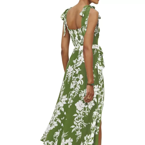 LYANER Women's Tie Shoulder Strap Square Neck Sleeveless Tie Waist Side Split Slit Printed Midi Dress