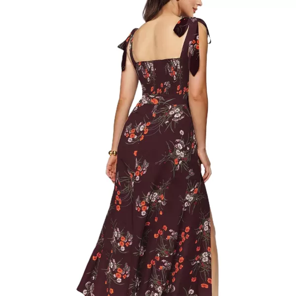 LYANER Women's Tie Shoulder Strap Square Neck Sleeveless Tie Waist Side Split Slit Printed Midi Dress