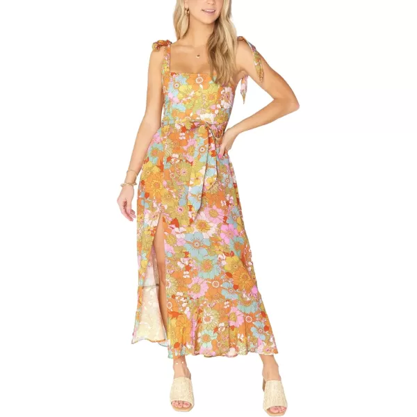LYANER Women's Tie Shoulder Strap Square Neck Sleeveless Tie Waist Side Split Slit Printed Midi Dress