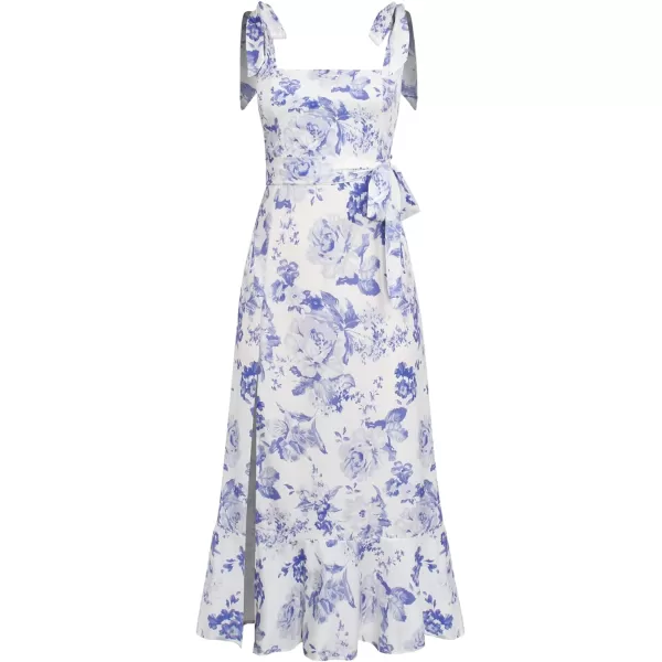 LYANER Women's Tie Shoulder Strap Square Neck Sleeveless Tie Waist Side Split Slit Printed Midi Dress