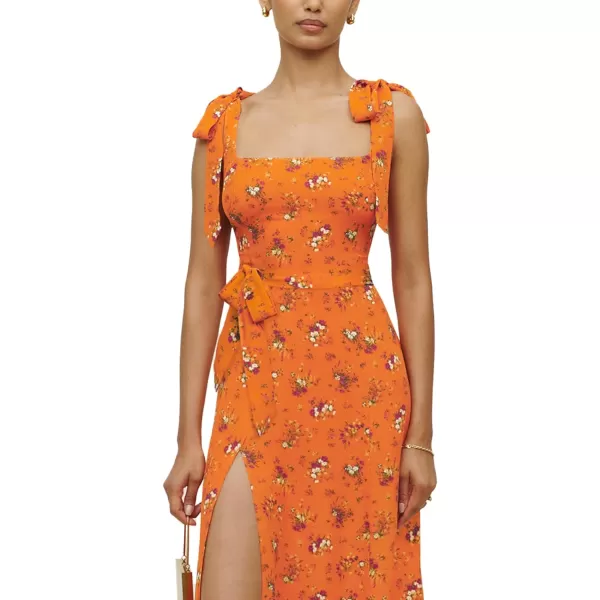 LYANER Women's Tie Shoulder Strap Square Neck Sleeveless Tie Waist Side Split Slit Printed Midi Dress
