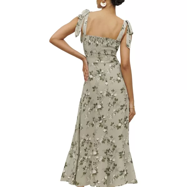LYANER Women's Tie Shoulder Strap Square Neck Sleeveless Tie Waist Side Split Slit Printed Midi Dress