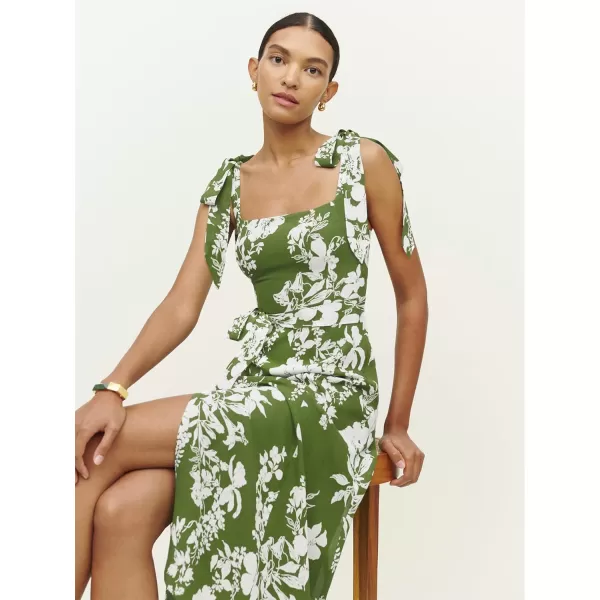 LYANER Women's Tie Shoulder Strap Square Neck Sleeveless Tie Waist Side Split Slit Printed Midi Dress