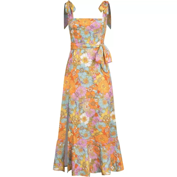 LYANER Women's Tie Shoulder Strap Square Neck Sleeveless Tie Waist Side Split Slit Printed Midi Dress