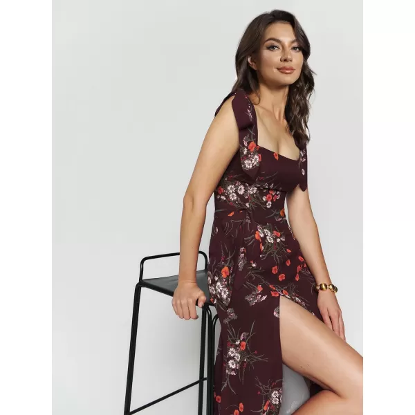 LYANER Women's Tie Shoulder Strap Square Neck Sleeveless Tie Waist Side Split Slit Printed Midi Dress