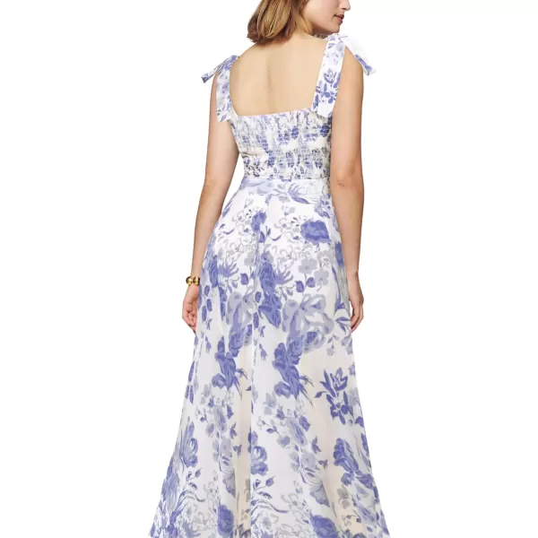 LYANER Women's Tie Shoulder Strap Square Neck Sleeveless Tie Waist Side Split Slit Printed Midi Dress
