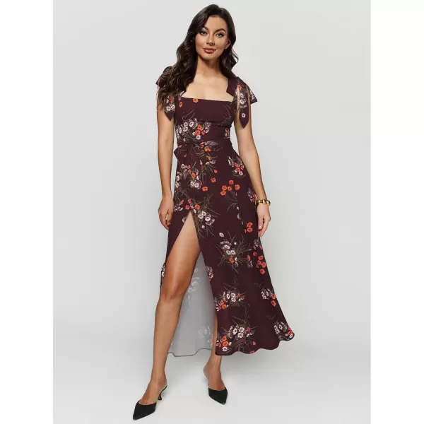 LYANER Women's Tie Shoulder Strap Square Neck Sleeveless Tie Waist Side Split Slit Printed Midi Dress