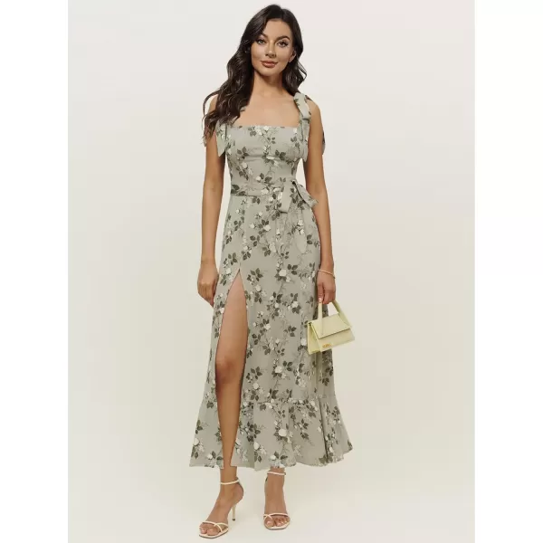 LYANER Women's Tie Shoulder Strap Square Neck Sleeveless Tie Waist Side Split Slit Printed Midi Dress