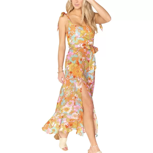 LYANER Women's Tie Shoulder Strap Square Neck Sleeveless Tie Waist Side Split Slit Printed Midi Dress
