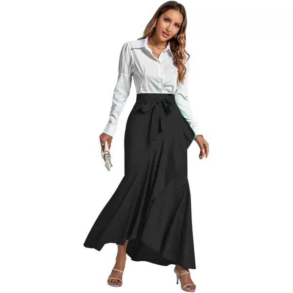 LYANER Women's Tie Waist Ruffle Wrap Mermaid Fishtail Hem High Waist Long Maxi Skirt