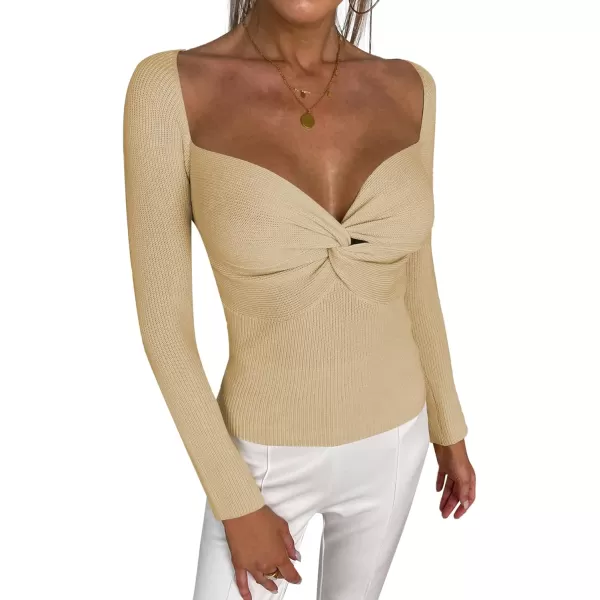 LYANER Women's Twist Criss Cross Sweetheart Neck Slim Fit Long Sleeve Tee Knit Sweater Top