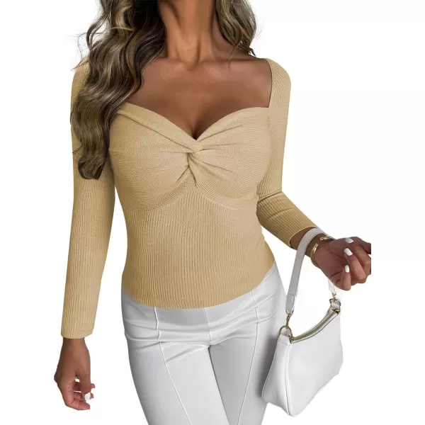 LYANER Women's Twist Criss Cross Sweetheart Neck Slim Fit Long Sleeve Tee Knit Sweater Top