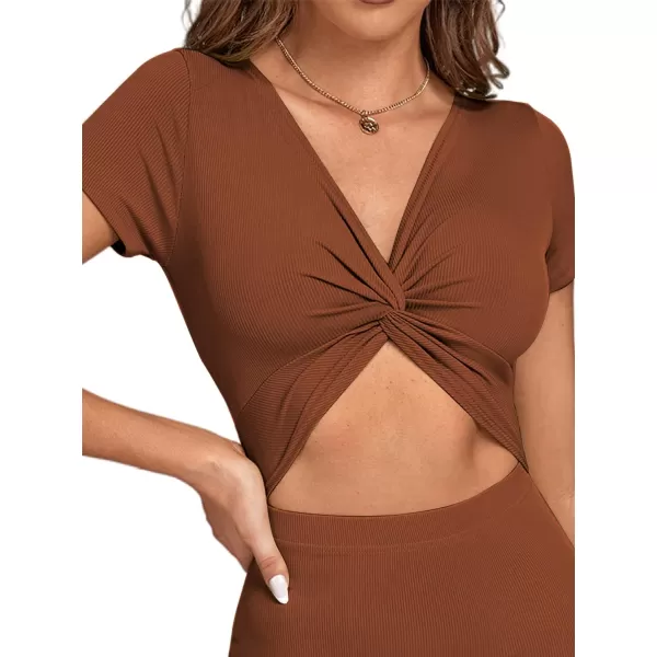 LYANER Women's Twist Front Cut Out Split Hem V Neck Short Sleeve Knit Bodycon Midi Dress