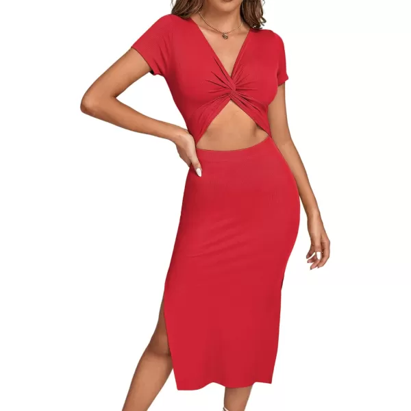 LYANER Women's Twist Front Cut Out Split Hem V Neck Short Sleeve Knit Bodycon Midi Dress