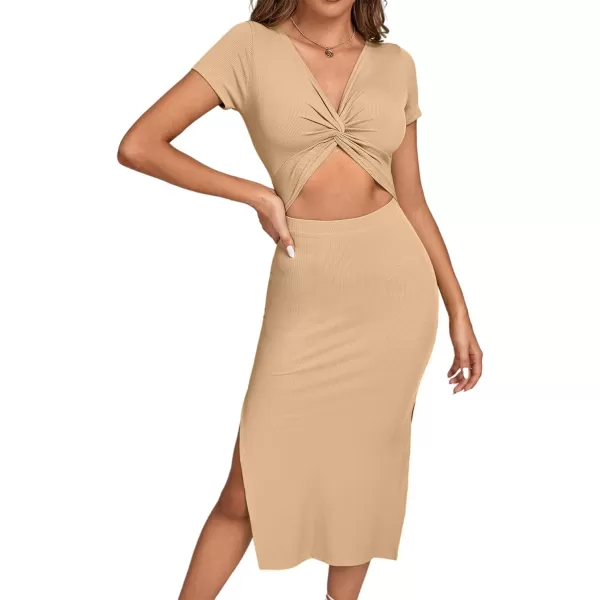 LYANER Women's Twist Front Cut Out Split Hem V Neck Short Sleeve Knit Bodycon Midi Dress