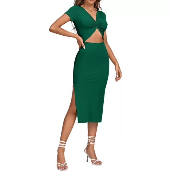 LYANER Women's Twist Front Cut Out Split Hem V Neck Short Sleeve Knit Bodycon Midi Dress