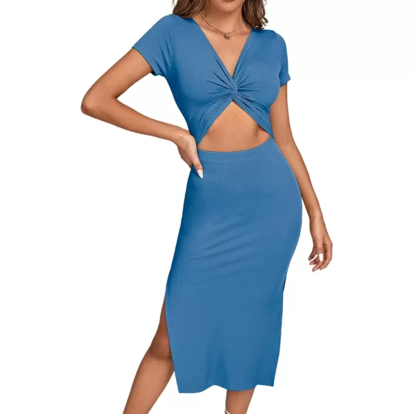 LYANER Women's Twist Front Cut Out Split Hem V Neck Short Sleeve Knit Bodycon Midi Dress