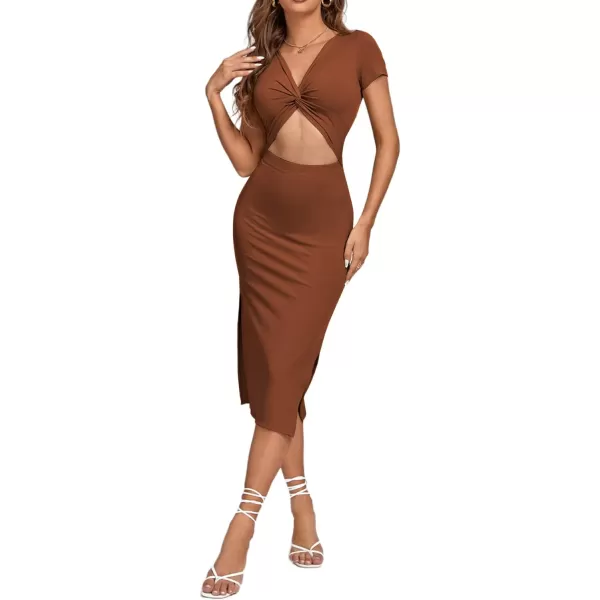 LYANER Women's Twist Front Cut Out Split Hem V Neck Short Sleeve Knit Bodycon Midi Dress