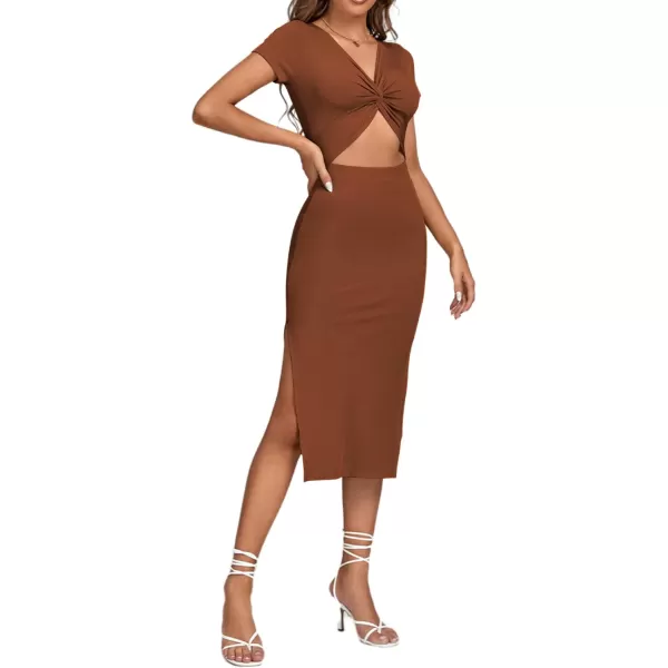 LYANER Women's Twist Front Cut Out Split Hem V Neck Short Sleeve Knit Bodycon Midi Dress