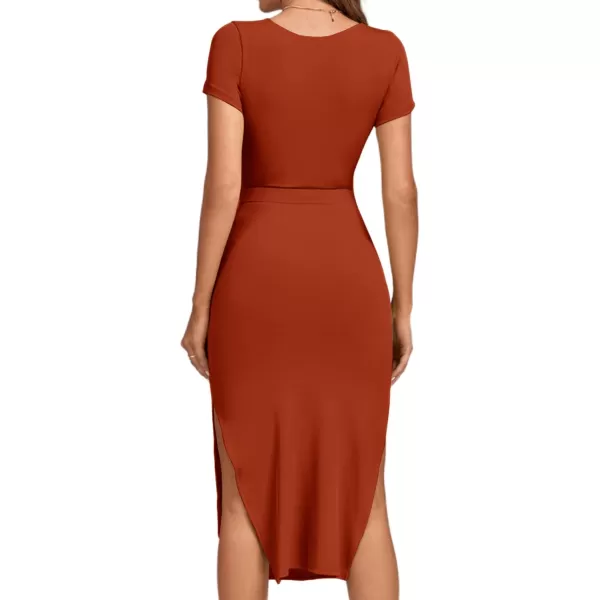 LYANER Women's Twist Front Cut Out Split Hem V Neck Short Sleeve Knit Bodycon Midi Dress