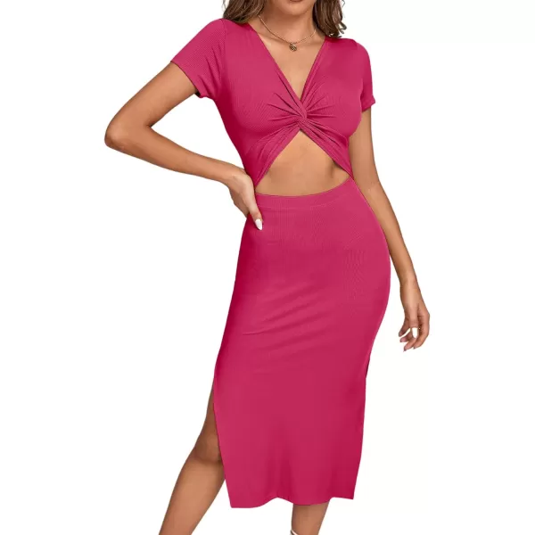 LYANER Women's Twist Front Cut Out Split Hem V Neck Short Sleeve Knit Bodycon Midi Dress