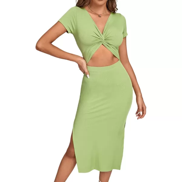 LYANER Women's Twist Front Cut Out Split Hem V Neck Short Sleeve Knit Bodycon Midi Dress