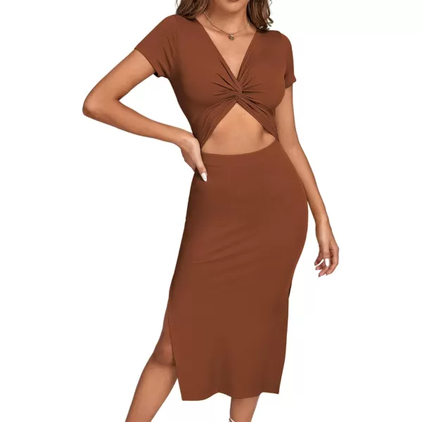 LYANER Women's Twist Front Cut Out Split Hem V Neck Short Sleeve Knit Bodycon Midi Dress