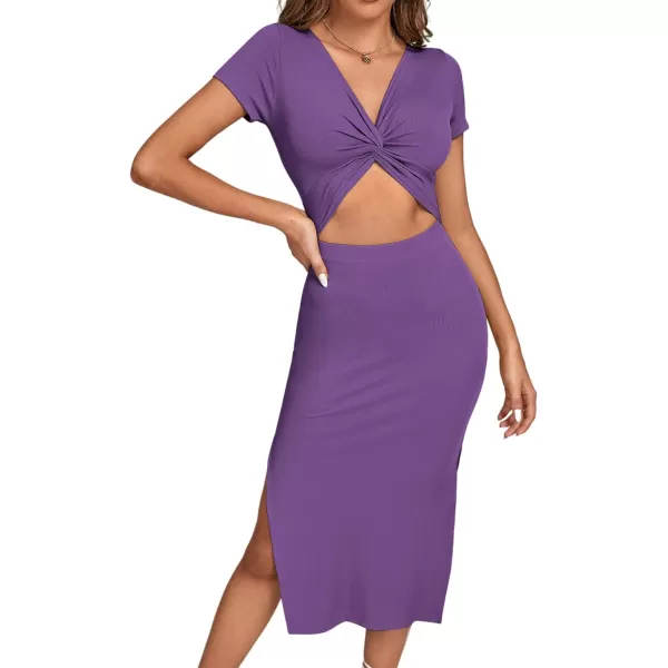 LYANER Women's Twist Front Cut Out Split Hem V Neck Short Sleeve Knit Bodycon Midi Dress