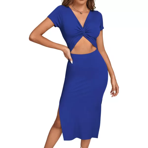 LYANER Women's Twist Front Cut Out Split Hem V Neck Short Sleeve Knit Bodycon Midi Dress
