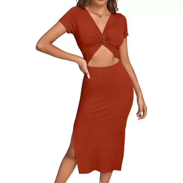 LYANER Women's Twist Front Cut Out Split Hem V Neck Short Sleeve Knit Bodycon Midi Dress