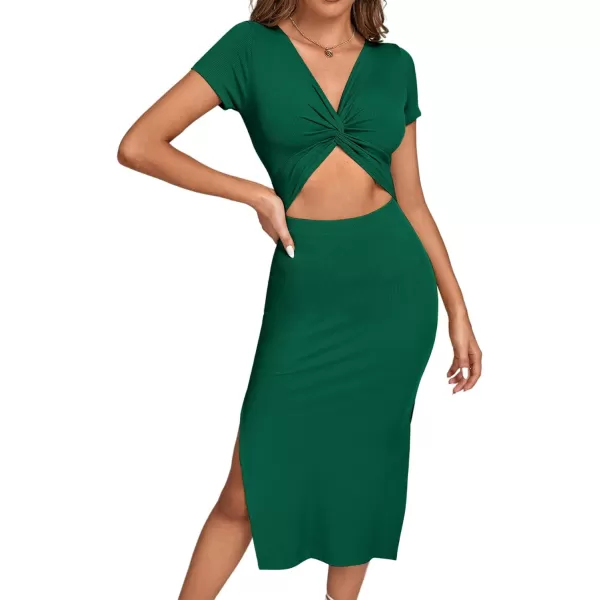 LYANER Women's Twist Front Cut Out Split Hem V Neck Short Sleeve Knit Bodycon Midi Dress
