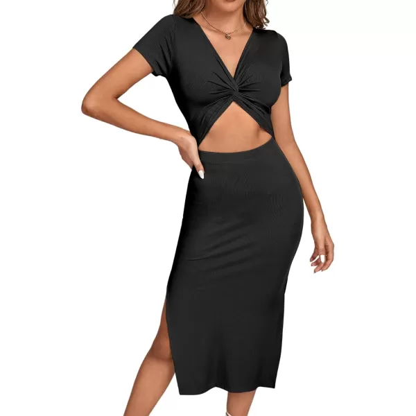 LYANER Women's Twist Front Cut Out Split Hem V Neck Short Sleeve Knit Bodycon Midi Dress