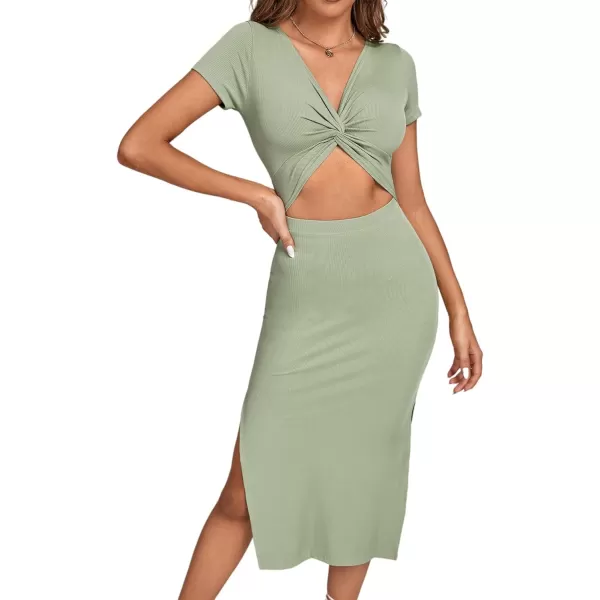 LYANER Women's Twist Front Cut Out Split Hem V Neck Short Sleeve Knit Bodycon Midi Dress