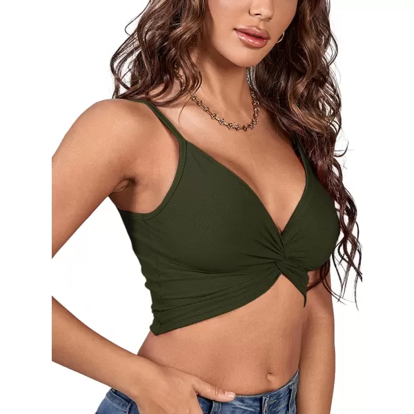 LYANER Women's Twist Knot Front Deep V Neck Rib Knit Sleeveless Cami Tank Crop Top
